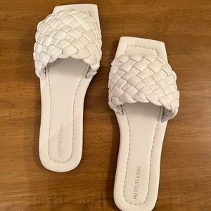 Pretty Little Thing White Real Leather Square Toe Basket Weave Mule Sandals